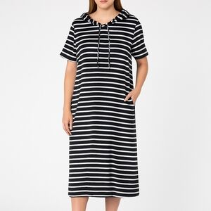 Z Avenue Stripe Hoodie 2x Midi Dress Nautical Sailor Black White Kangaroo Pocket